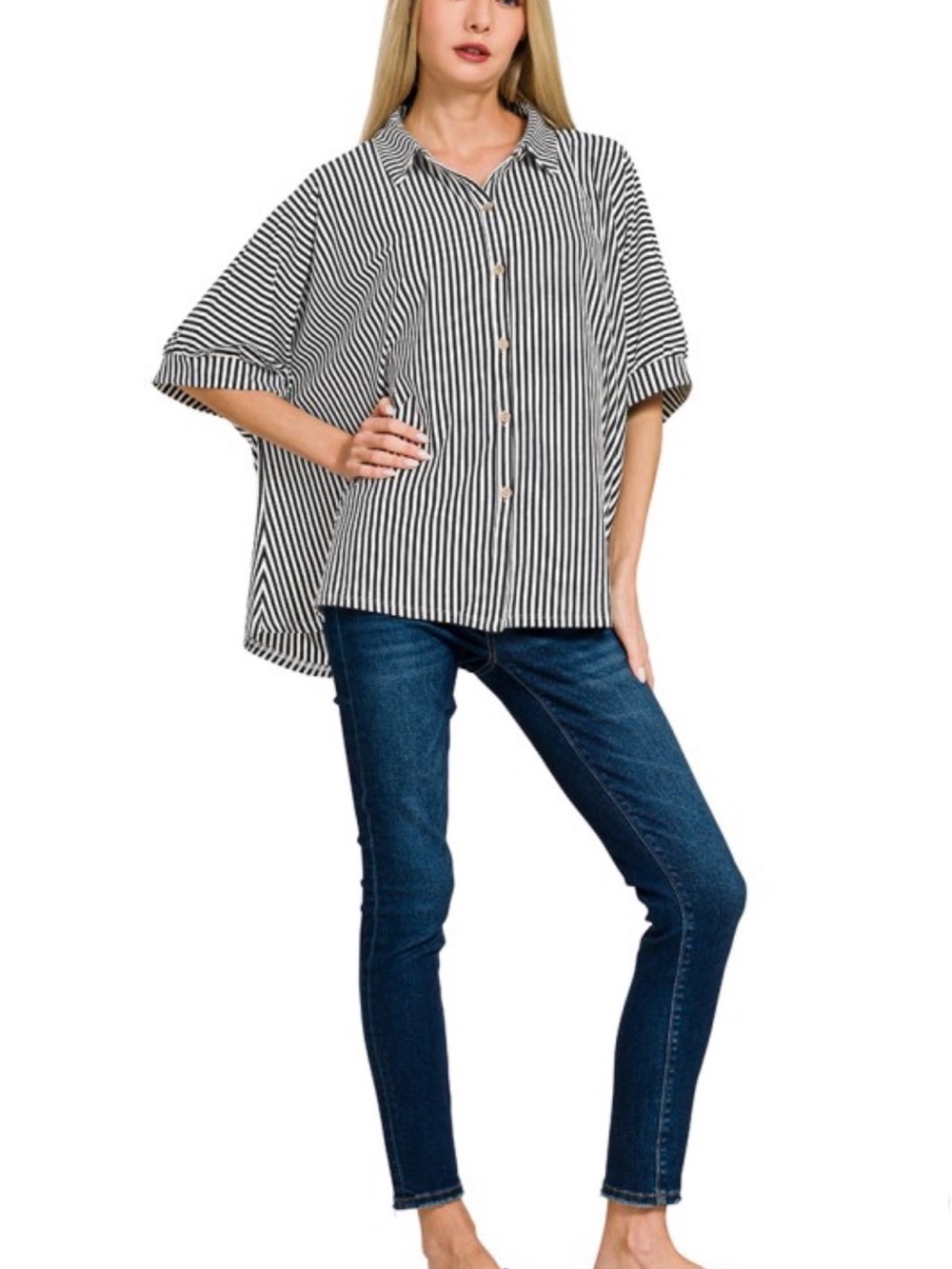 Zenana Black & White Striped Button-Front Oversized Shirt